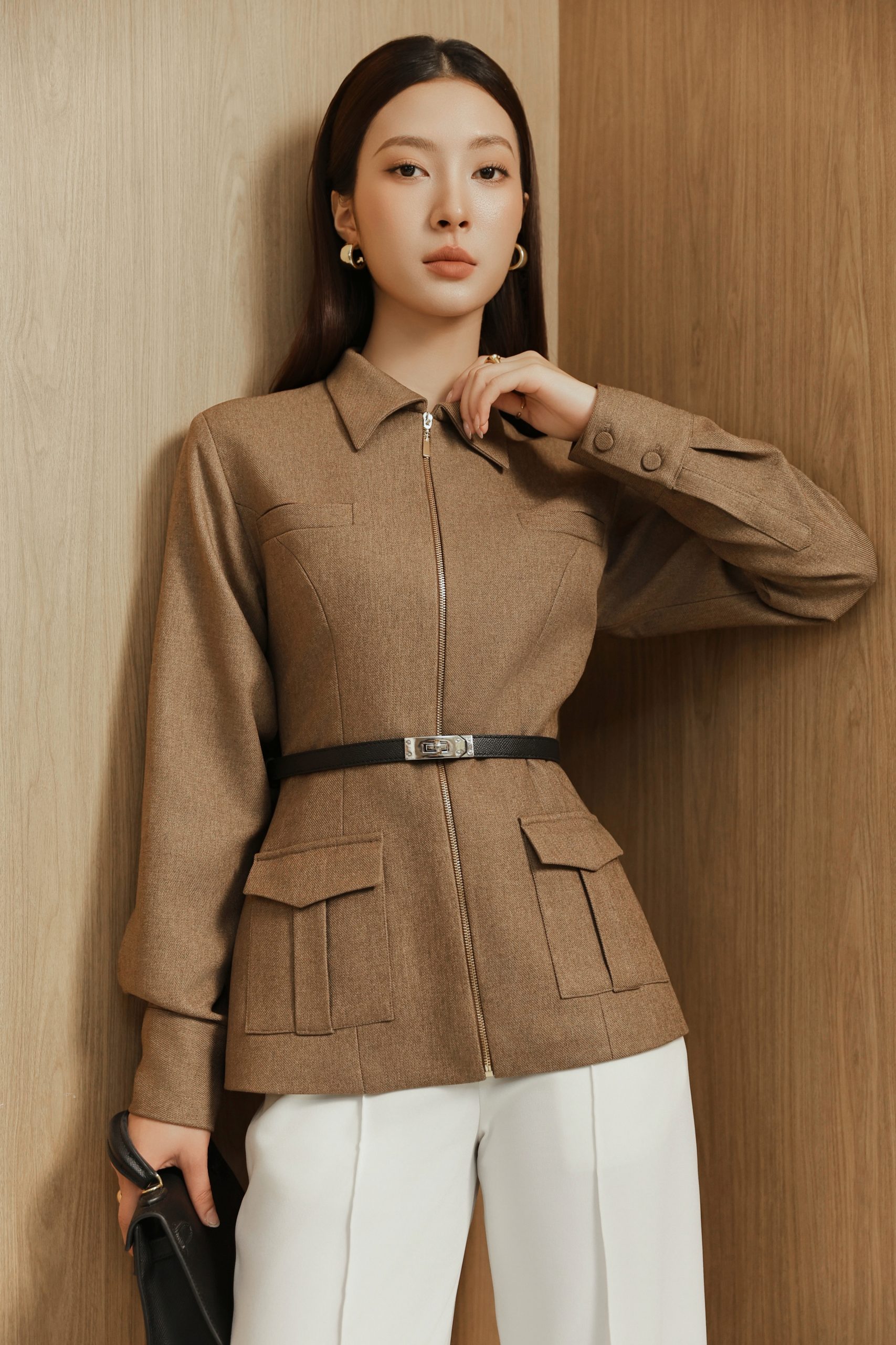 Olive Brown Zip-Front Riding Jacket - Ảnh 3