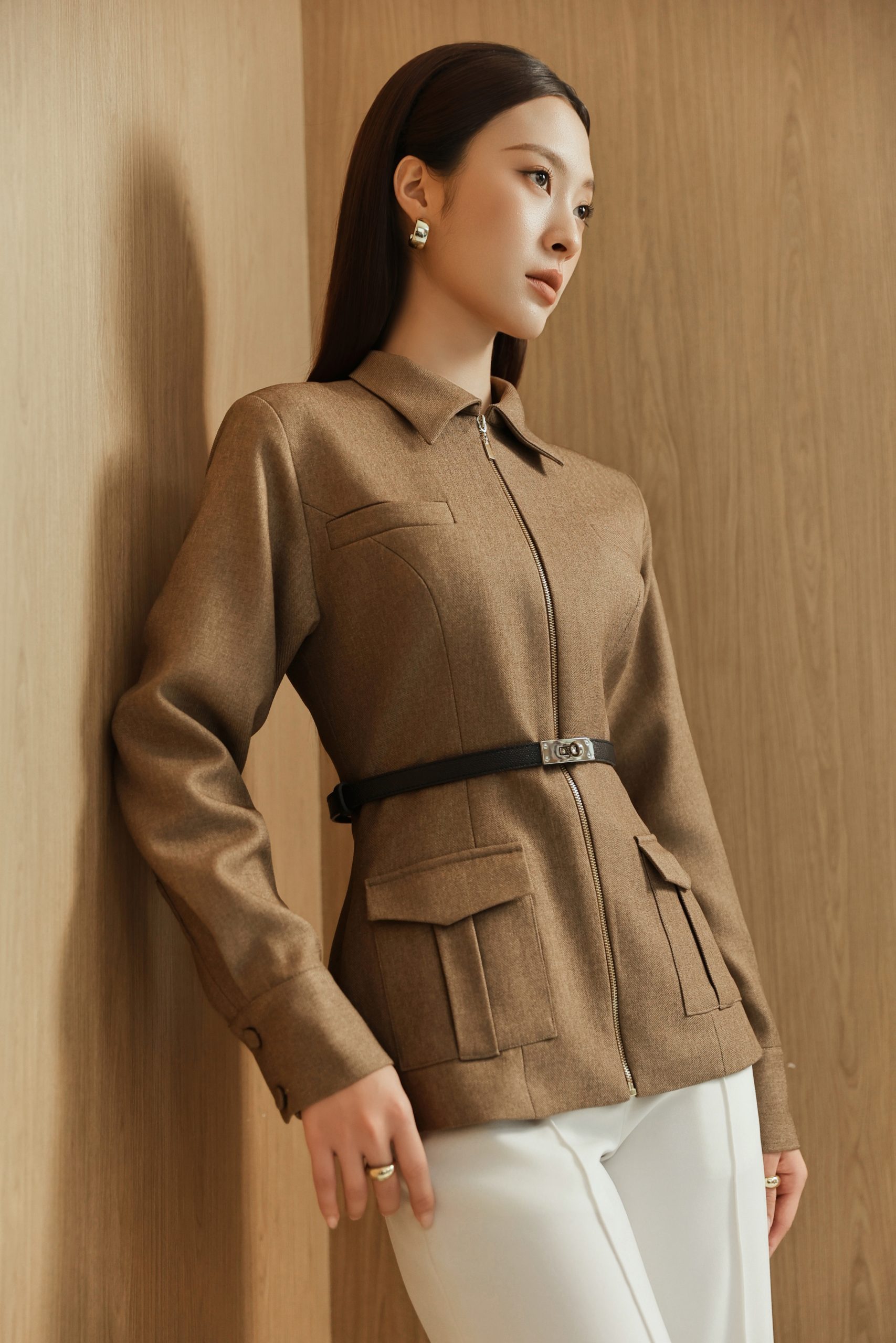 Olive Brown Zip-Front Riding Jacket - Ảnh 4