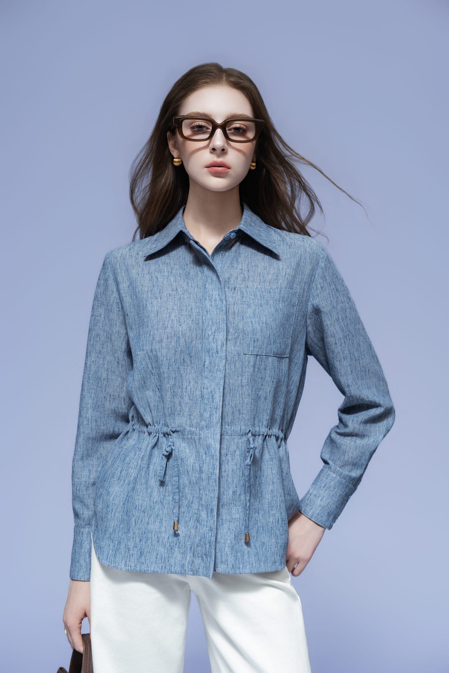 LIGHT BLUE DENIM DRAWSTRING SHIRT - Ảnh 2