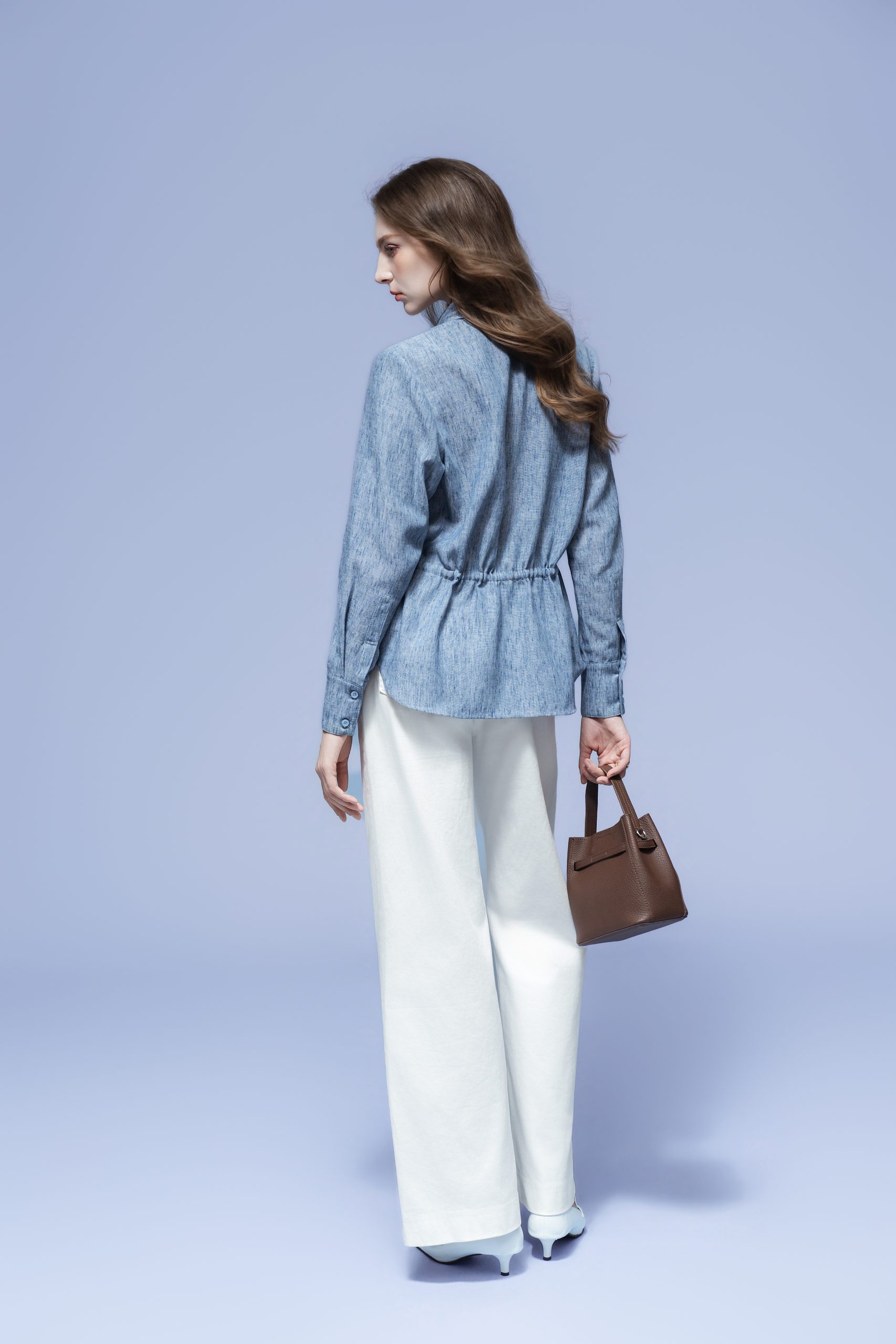 LIGHT BLUE DENIM DRAWSTRING SHIRT - Ảnh 3