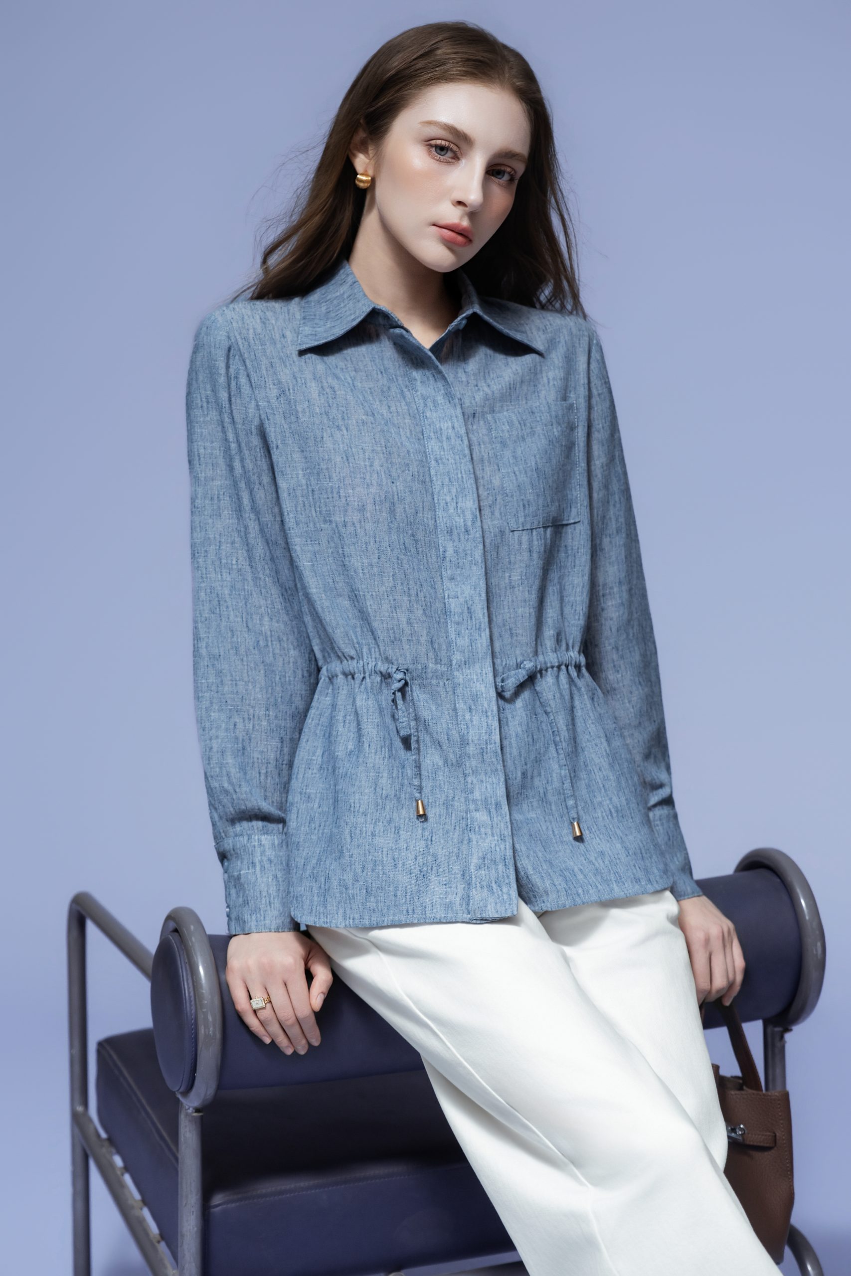 LIGHT BLUE DENIM DRAWSTRING SHIRT - Ảnh 4