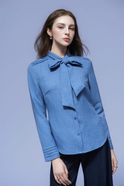 Alternative view of BLUE BOW-TIE TEXTURED BLOUSE