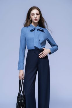 BLUE BOW-TIE TEXTURED BLOUSE